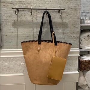 NWOT new large faux suede braided handle tote bag tan black stitching + pouch